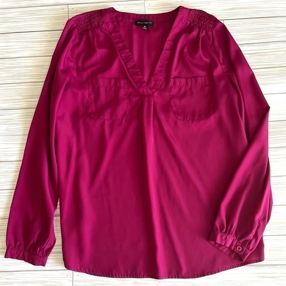 WILLI SMITH Women's V-Neck Fuchsia Long Sleeve Career Blouse Medium Relaxed Fit - Picture 8 of 12